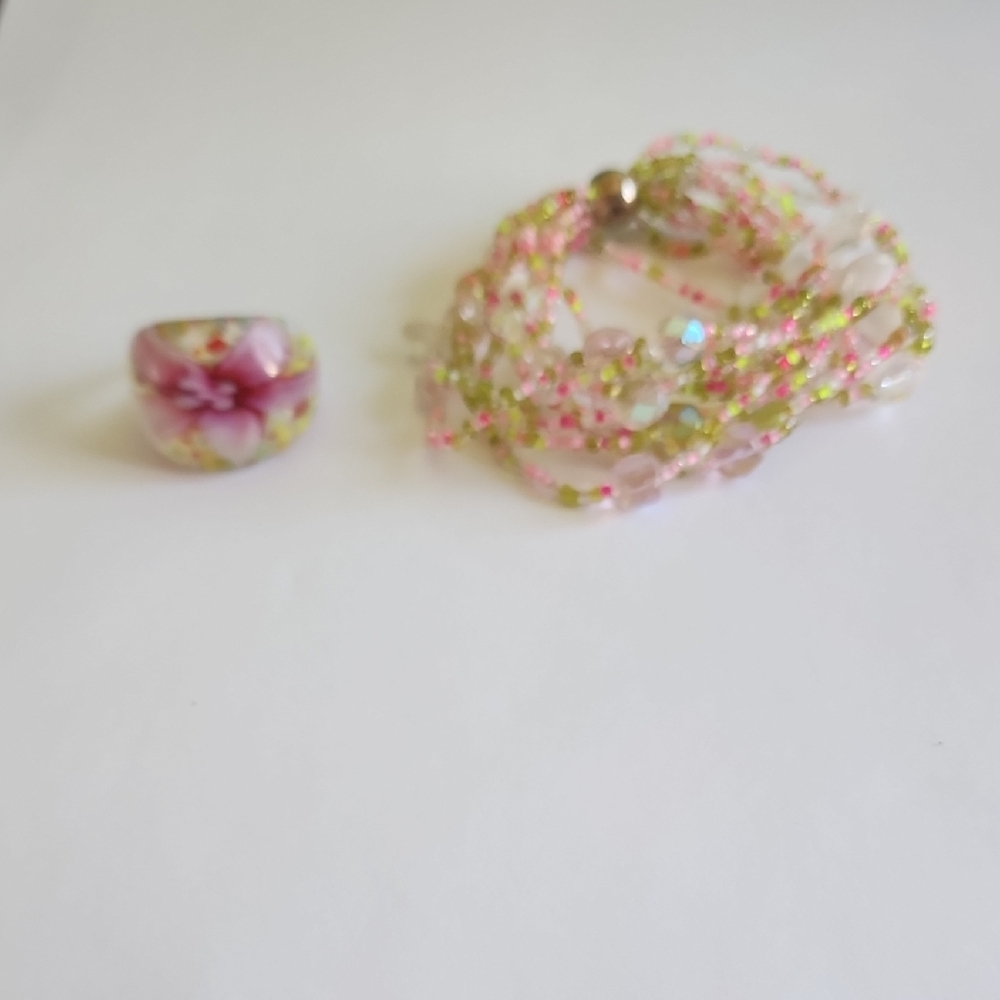 Pink and Green Beaded Bracelet Set with Floral Ring